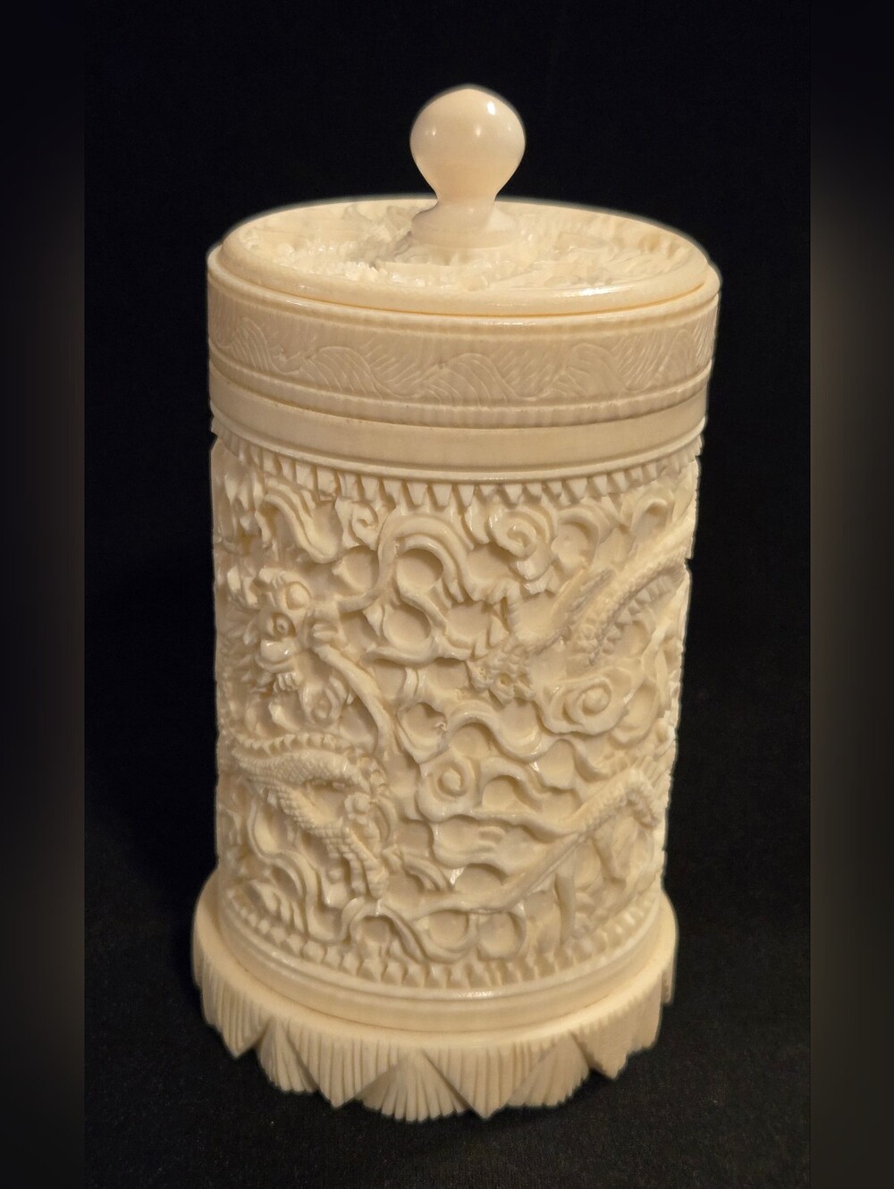 Ornate Carved Dragon Ivory-Tone Decorative Jar with Lid